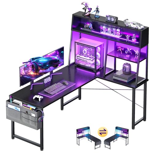 AODK 51 Inch L Shaped Gaming Desk with Display Shelves, LED Lights, Black - size: 51 Inch