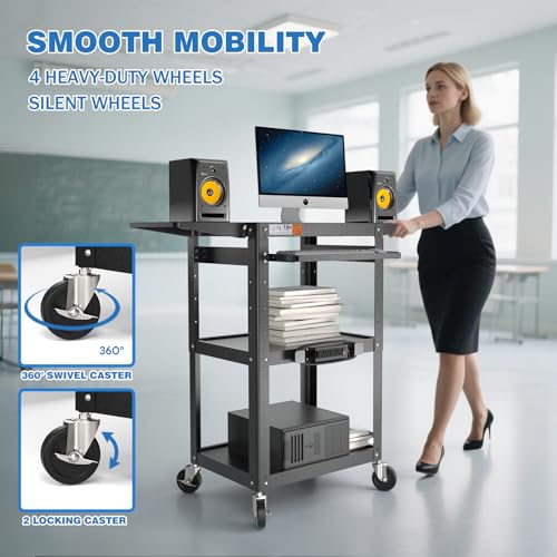 POCHAR Large Steel AV Cart with Power Strip & Drop Leaves - Height Adjustable Metal Media Cart with Wheels - Heavy Duty Rolling Computer Workstation for Laptop Projector Printer TV, Black (46" x 18") - style: AV Cart with Drop Leaves (AV-JM)