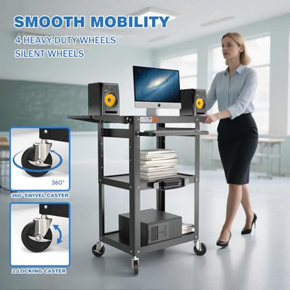 POCHAR Large Steel AV Cart with Power Strip & Drop Leaves - Height Adjustable Metal Media Cart with Wheels - Heavy Duty Rolling Computer Workstation for Laptop Projector Printer TV, Black (46" x 18") - style: AV Cart with Drop Leaves (AV-JM)