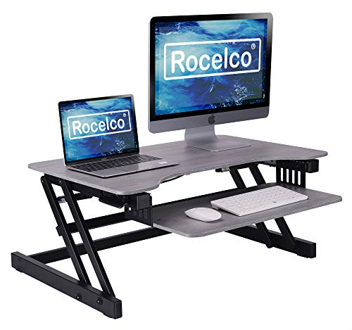 Rocelco 32" Height Adjustable Standing Desk Converter - Quick Sit Stand Up Dual Monitor Riser - Gas Spring Assist Tabletop Computer Workstation - Large Retractable Keyboard Tray - Grey (R ADRG) - color: Gray, size: 32", style: Riser Only
