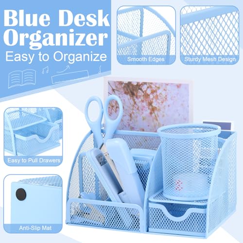11 In 1 Blue Desk Organizer And Accessories, Light Blue Office Supplies Include Stapler, Tape Dispenser, Pen Holder, Staple Remover, Clips, Ruler, Scissors, Tapes, Tabs - color: Blue