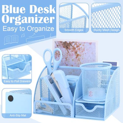 11 In 1 Blue Desk Organizer And Accessories, Light Blue Office Supplies Include Stapler, Tape Dispenser, Pen Holder, Staple Remover, Clips, Ruler, Scissors, Tapes, Tabs - color: Blue