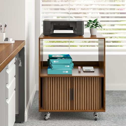3-Tier Printer Stand, Fluted Rolling Printer Table with Storage, Walnut