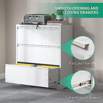 IKIMI Lateral File Cabinets 3 Drawers,White Metal Filing Cabinet for Office - color: White, size: 15.7"D x 35.4"W x 40.4"H