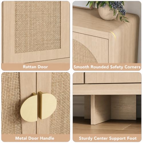 Rattan Sideboard Buffet Cabinet with Storage, 55" Accent Cabinet with Arch Doors & Adjustable Shelves, Boho Credenza Coffee Bar Console Table for Dining Room, Living Room, Entryway, Kitchen