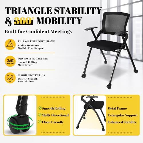 AceOrbit 2 Pcs Foldable Office Chair with PU Wheels Lumbar Support, Armrest, Thick Breathable Mesh Seat Chair for Office Meeting, Conference, Training Room, Black