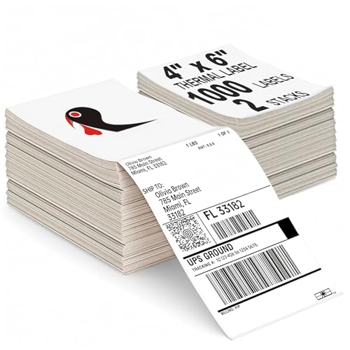 HUOJI 1000 4x6 Thermal Labels 500/Stack, Commercial Grade | Shipping Thermal Labels 4x6 Fanfold, Clear Printing, Compatible with Rollo, Zebra, MUNBYN Printers - size: 2 Stacks | 1000 Labels
