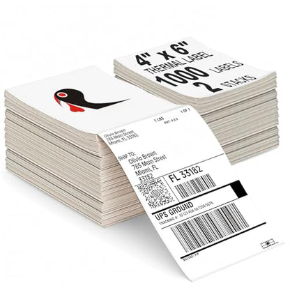 HUOJI 1000 4x6 Thermal Labels 500/Stack, Commercial Grade | Shipping Thermal Labels 4x6 Fanfold, Clear Printing, Compatible with Rollo, Zebra, MUNBYN Printers - size: 2 Stacks | 1000 Labels