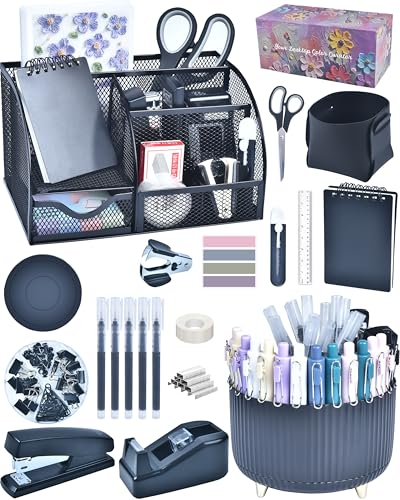 Black Desk Accessories and Organizers with Desk Organizer and 360°Rotating Pen Holder stapler Pen and a Lot of Office Black Office Supplies Beautifully Presented in a Gift Box - color: Black