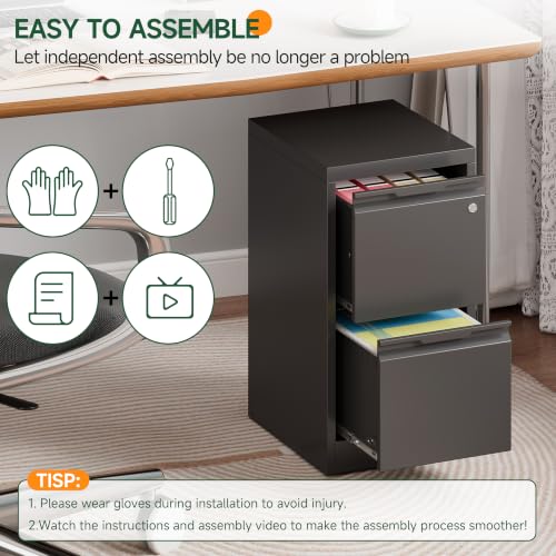 2 Drawer File Cabinet with Lock, Metal Vertical Small File Cabinet - color: Black, size: 2 Drawer - Vertical