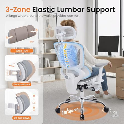 LuxErgo High Back Ergonomic Mesh Office Chair, Home Desk Chair with Adjustable Lumbar Support Foot Rest, 3D Headrest and Armrests, 350lbs Big and Tall High Back Reclining Gaming Chair, Gray - color: Grey