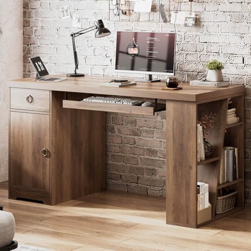 HSH 55" Computer Desk,Farmhouse Home Office Desk Keyboard Tray Rustic Oak | Executive Wood Work Study Writing Pc Table Studio Desks with Storage Drawers Wooden Workstation with Shelves and Cabinet - color: Rustic Oak