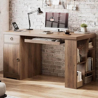HSH 55" Computer Desk,Farmhouse Home Office Desk Keyboard Tray Rustic Oak | Executive Wood Work Study Writing Pc Table Studio Desks with Storage Drawers Wooden Workstation with Shelves and Cabinet - color: Rustic Oak