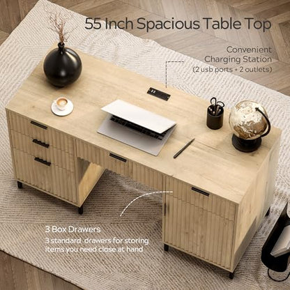 55" Fluted Executive Desk, Modern Home Office Desk with Charging Station, Keyboard Tray, File Drawer, Storage Cabinet for Work Study Writing Desk, Light Oak - color: Light Oak