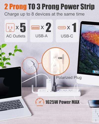 2 Prong Power Strip, WRXDMC 2 Prong to 3 Prong Outlet Adapter with 5ft Cord | Polarized Plug, 1680J Two Prong Surge Protector, 5 AC Outlets & 3 USB, Wall Mountable, Ideal for Non-Grounded Outlets - size: 5 Ft