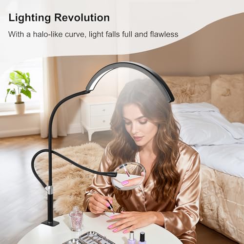 Half Moon Light for Nail Desk: Dual Arm Half Moon Desk Lamp with 4X Magnifier for Beginner-Arch Nail Tech Light with 3 Color Modes & 10 Brightness Levels for Manicure Salon, Eyelash Extensions, Tattoo