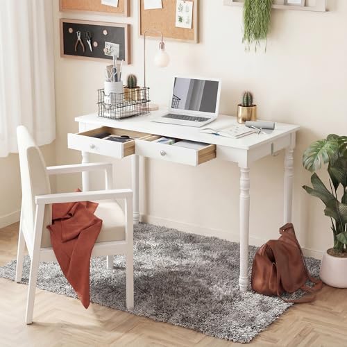 100% White Solid Wood Desk 47" Wooden Desk with 2 Drawers | Mid Century Modern Desk, Writing Desk Computer Table for Home, Office, Bedroom, Living Room - color: White, size: 47.2" x 21.7"
