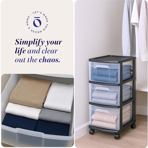 HOMZ Drawer Tower, 3-Tier Storage Cart with Removable Wheels, Black Frame - color: Black, size: 1 Pack