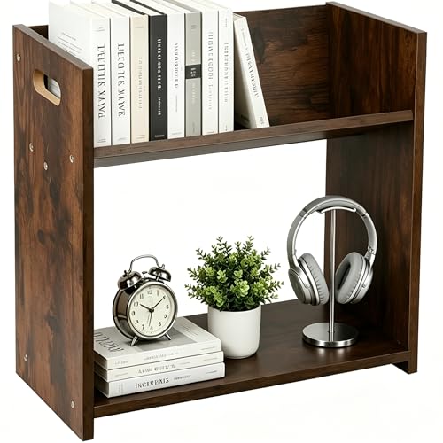 Desktop Bookshelf, 2 Tier Desk Shelf Organizer, Wood Office Tabletop Bookcase, Small Tabletop Book Rack, Portable Mini Bookcase for Book Display, Office, Home, Bedroom, Storage and Display