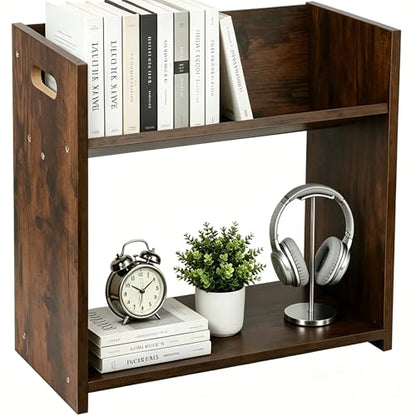 Desktop Bookshelf, 2 Tier Desk Shelf Organizer, Wood Office Tabletop Bookcase, Small Tabletop Book Rack, Portable Mini Bookcase for Book Display, Office, Home, Bedroom, Storage and Display