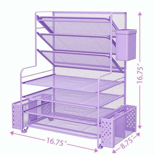Simple Trending 7 Tier Desk File Organizer, Letter Tray Paper Organizer with Pen Holder and Metal Hanging Basket, Purple - color: 7 Tier Purple