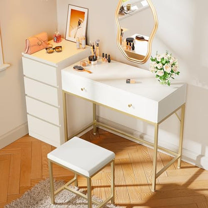 SUPERJARE 35.4" White and Gold Desk with 2 Drawers, Modern Makeup Vanity - color: Gold and White, size: 35.4 inch