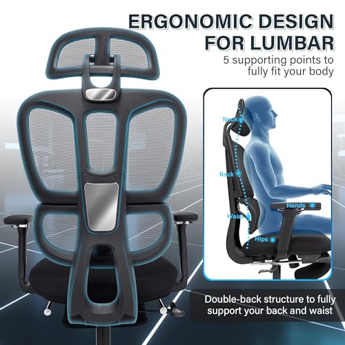 Ergonomic Office Chair with Retractable Footrest, Black | High Back Design, Dynamic Lumbar Support, 2D Headrest & 4D Armrests, Breathable Mesh Back for Home Office - color: Black