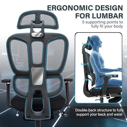 Ergonomic Office Chair with Retractable Footrest, Black | High Back Design, Dynamic Lumbar Support, 2D Headrest & 4D Armrests, Breathable Mesh Back for Home Office - color: Black