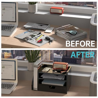 Multi-Tier Wood Desk File Organizer, 3 Tray Shelves & Adjustable Drawer - Space-Efficient Design for Efficient Office Setup, Reduces Desk Clutter (Black) - color: Black