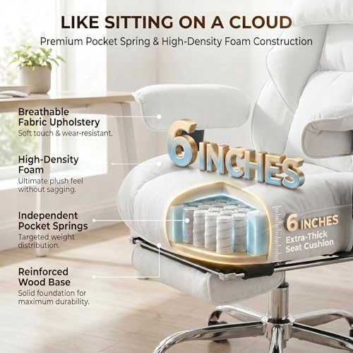 mokodo Big and Tall Office Chair 400lbs, Breathable Fabric Executive Desk Chair with Pocket Spring Cushion, 155° Reclining Computer Chair with Integrated Headrest & Lumbar Pillow (White) - color: White