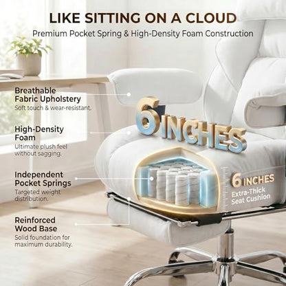 mokodo Big and Tall Office Chair 400lbs, Breathable Fabric Executive Desk Chair with Pocket Spring Cushion, 155° Reclining Computer Chair with Integrated Headrest & Lumbar Pillow (White) - color: White