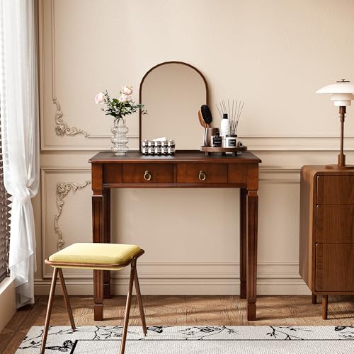 Cherry Walnut Writing Desks with Drawers, 31.5" Mid-Century Modern Computer Desk for Home Office, Secretary Desk for Living Room Study or Workspace, Easy Assembly Vanity Desk, SSZD1258 - size: 35.1"