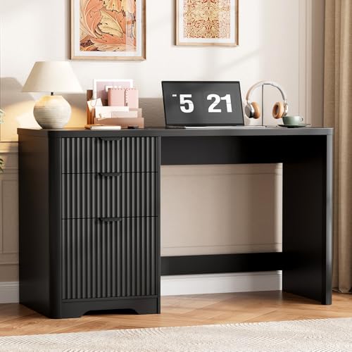 Vabches Farmhouse 47" Executive Desk with 3 Drawers, Pure Black | Fluted Computer Desk with Adjustable File Drawer, Reversible Workstation Desk for Home Office, Study, Living Room - color: Pure Black, size: 47" W