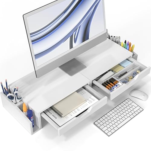 Simple Houseware Desk Dual Monitor Stand Riser with 2 Drawers, White - color: White
