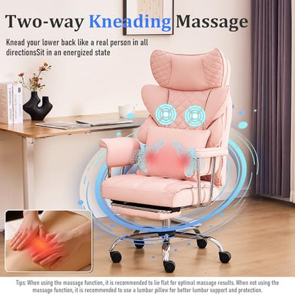 500 Lbs Kneading Massage Office Chair with Foot Rest Reclining Pink | Ergonomic Computer Chair, High Back Thick Cushion, Big & Tall, Comfy Leather, Heavy Duty Home Executive - color: Pink
