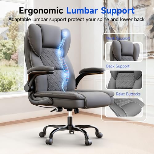 Ergonomic Executive PU Leather Office Chair with Lumbar Support, Home Office Desk Chair for Back Pain Relief, 135° Recline - color: Grey