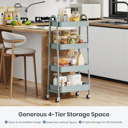 DUMOS 4 Tiers Rolling Utility Cart, Storage Organizer, Shelving Unit | Metal, Lockable Wheels, Mobile, Kitchen, Bathroom, Laundry, Narrow Places, Light Green - color: 4-tier Green