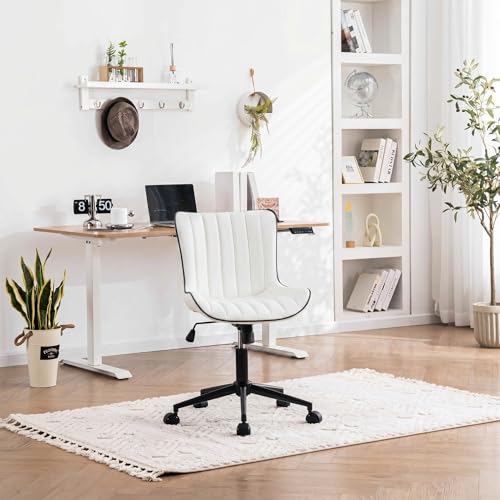 YOUNIKE Office Desk Chair with Wheels Armless Vanity Chair Modern White | Faux Leather Upholstered with Rocking Back, Swivel Height Adjustable Small Cute Computer Rolling Task Chair Ergonomic 300lb - color: White, size: Base Black