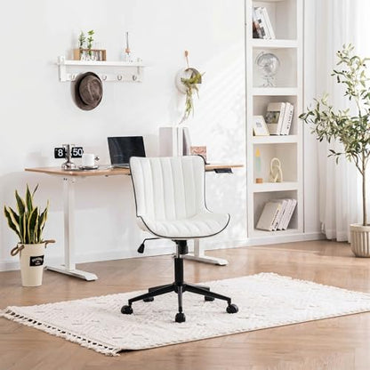 YOUNIKE Office Desk Chair with Wheels Armless Vanity Chair Modern White | Faux Leather Upholstered with Rocking Back, Swivel Height Adjustable Small Cute Computer Rolling Task Chair Ergonomic 300lb - color: White, size: Base Black