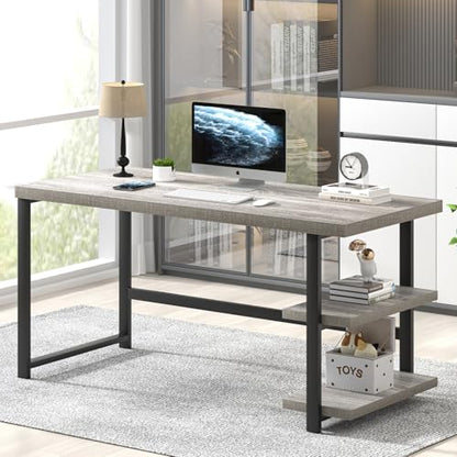 Computer Desk, Modern Home Office Desk with Shelves, Wood Writing Study Gaming Table for Living Room Bedroom, Light Grey, 53 inch - color: Light Grey, size: 53 inch