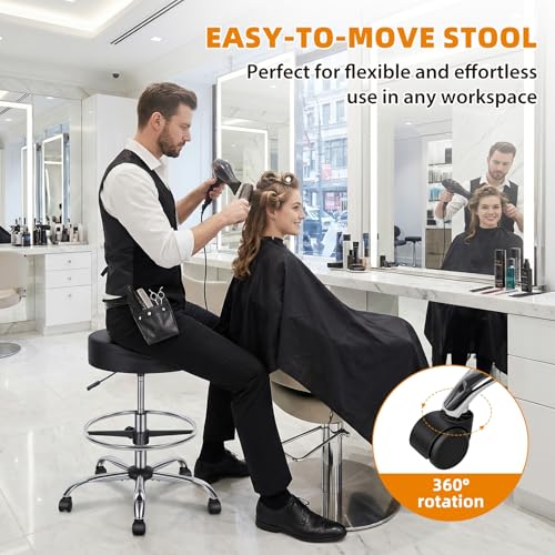 Wufuuoa Drafting Chair with Backrest, Height Adjustable Rolling Stool with Footrest Ring, Faux Leather Thick Cushion Office Stool, Heavy Duty 250lbs Capacity for Workshop Garage Salon Kitchen Black