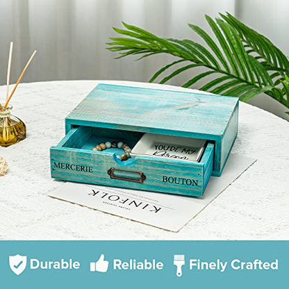 Turquoise Single Drawer Unit - European Country Style Desk Organizer Box - 9.7x7x2.6 Teal Wooden Stackable Drawer - Countertop Organizer Drawer w/Label Holder - Single Monitor Shelf - style: 1 Drawer I 2.6"