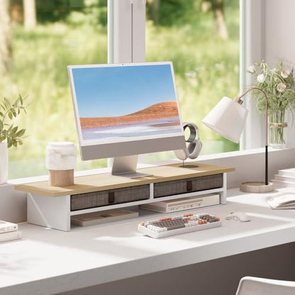 Fenge 35 Inch Monitor Stand with Drawer Storage, Computer Riser for Desk - color: Oak