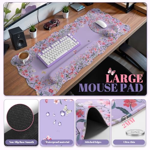 iCasso Computer Mat for Workspace, Purple 35.4"x15.7" Computer Pad | Ergonomic Desk Pad Including Keyboard Wrist Rest, Mousepad Set for Gaming Vanity Women Computer Setup - color: Purple