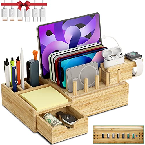Bamboo Charging Station for Multiple Devices - Darfoo Wood Charging Dock Organizer with Drawer, 7 USB Charging Ports Compatible with Cell Phones, Tablet, Smart Watch & Earbud