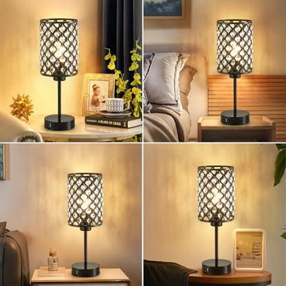 Crystal Table Lamp, Black Touch Lamp with USB C+A Port, 3-Way Dimmable - color: Black, size: 14.75"