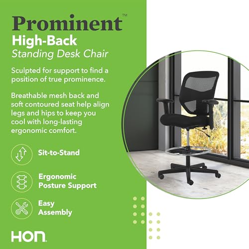 HON Prominent Ergonomic Stool, Footring, Office Desk Chair, Black | Ergonomic standing desk chair with footring, seat slider, adjustable arms, dynamic workstation seating for active work - color: Mesh Back - Stool