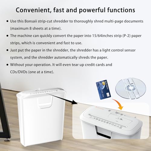 Bonsaii 8-Sheet StripCut Shredder - High Security, CD/Credit Card, Overheat Protection, 3.4 Gal Bin, Ideal for Home Office, Low Noise Operation, White - size: 8 Sheet (White)