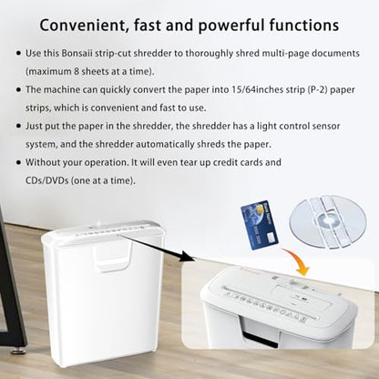 Bonsaii 8-Sheet StripCut Shredder - High Security, CD/Credit Card, Overheat Protection, 3.4 Gal Bin, Ideal for Home Office, Low Noise Operation, White - size: 8 Sheet (White)
