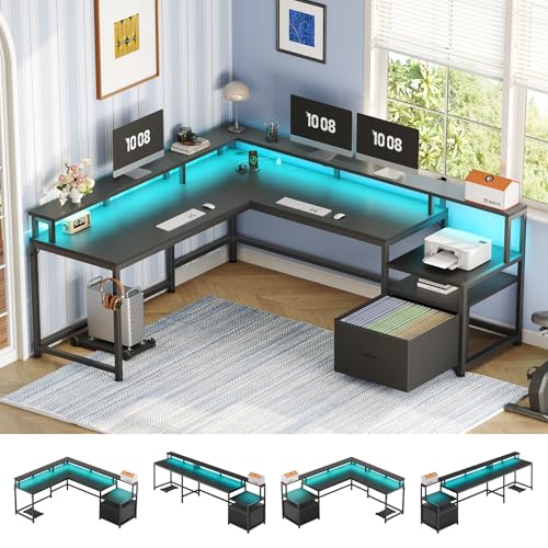 SEDETA 66" Reversible L Shaped Computer Desk with Power Outlet, File Drawer | Home Office Desk with Monitor Shelf, Storage Shelves, LED Lights for Corner Small Spaces, Gaming, Black - color: Black